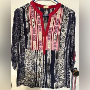 Anthropologie TINY Women’s Embroidered Split V Neck Popover Top Blouse Sz Small